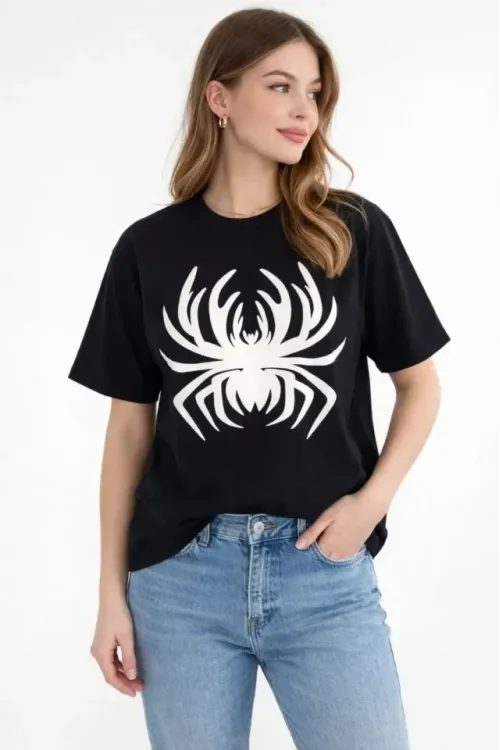 Örümcek Baskılı Tişört Kısa Kollu Bisiklet Yaka T-Shirt - Siyah