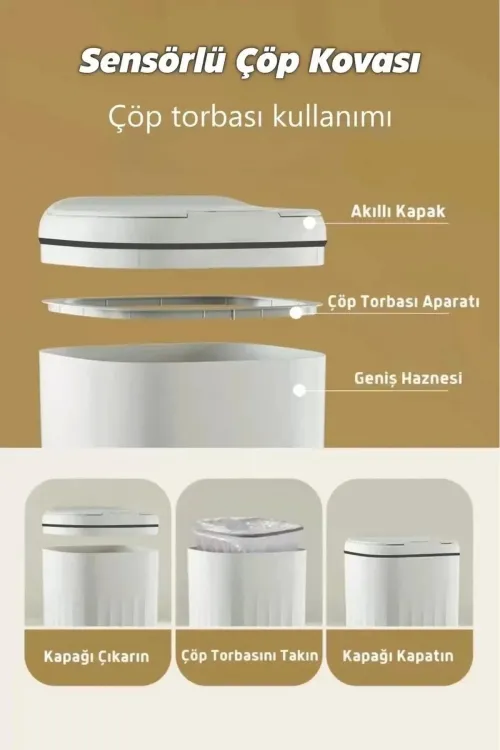 Otomatik Hareket Sensörlü Akıllı Çöp Kovası – 20 Litre Sessiz Ve Hijyenik Kullanım