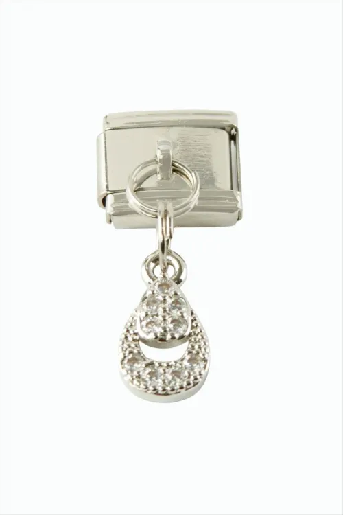 Oval Zirkon Taşlı Sallatılı Çelik Charm