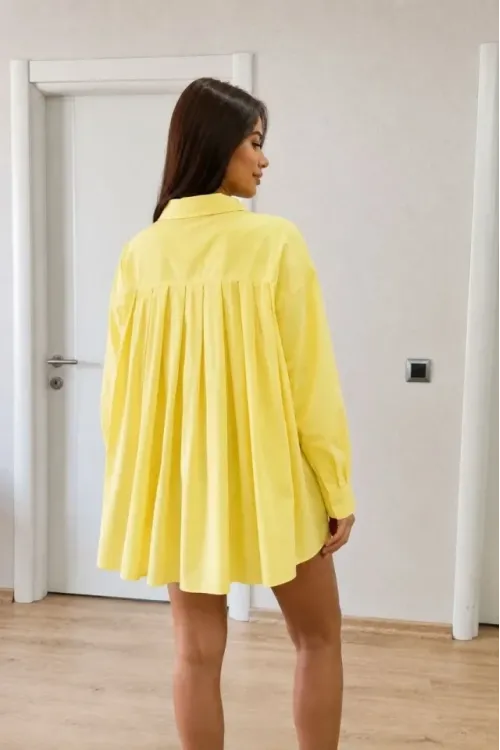 Oversize Pens Detaylı Cepli Yırtmaçlı Rahat Kalıp Poplin Gömlek - Sarı