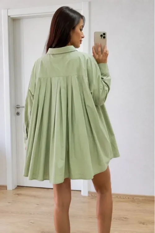 Oversize Pens Detaylı Cepli Yırtmaçlı Rahat Kalıp Poplin Gömlek - Yeşil