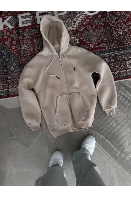 Oversize Tam Fermuarlı Uzun Kol Hırka - Bej