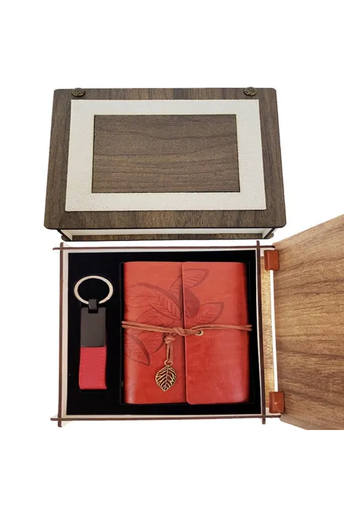 Özel Ahşap Kutulu Kiremit Rengi Deri Defter ve Anahtarlık Set