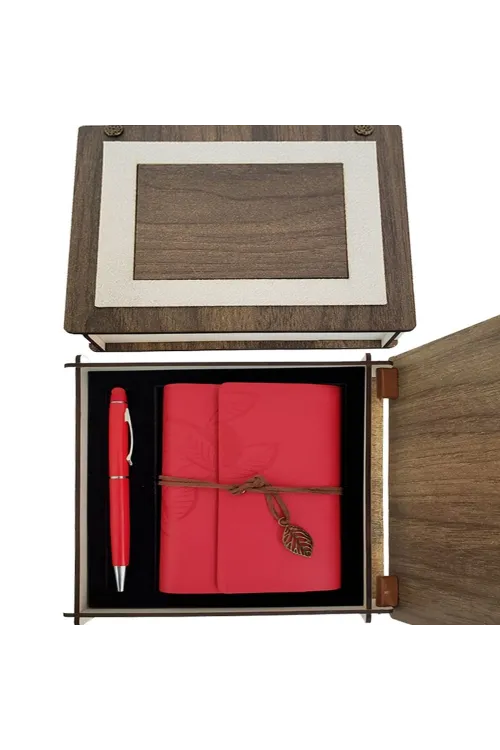 Özel Ahşap Kutulu Kırmızı Deri Defter ve Kalem Set