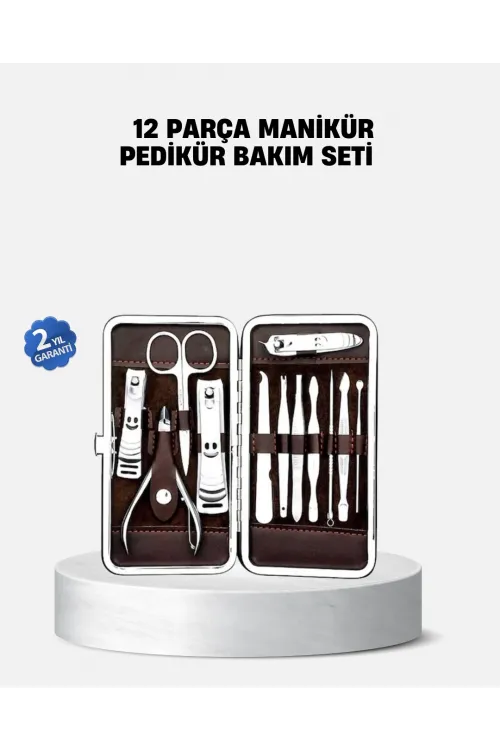 Özel Deri Çantalı 12 Parça Manikür Pedikür Bakım Seti Paslanmaz Çelik
