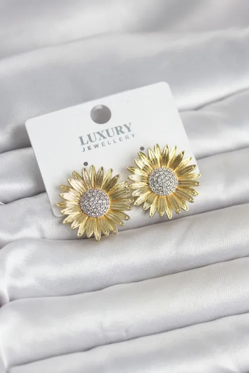 Papatya Model Zirkon Taşlı Pirinç Gold Renk Kadın Küpe