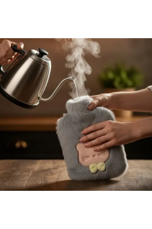 Papyonlu Kedi Figürlü Mavi Peluş Sıcak Su Torbası 1 Litre