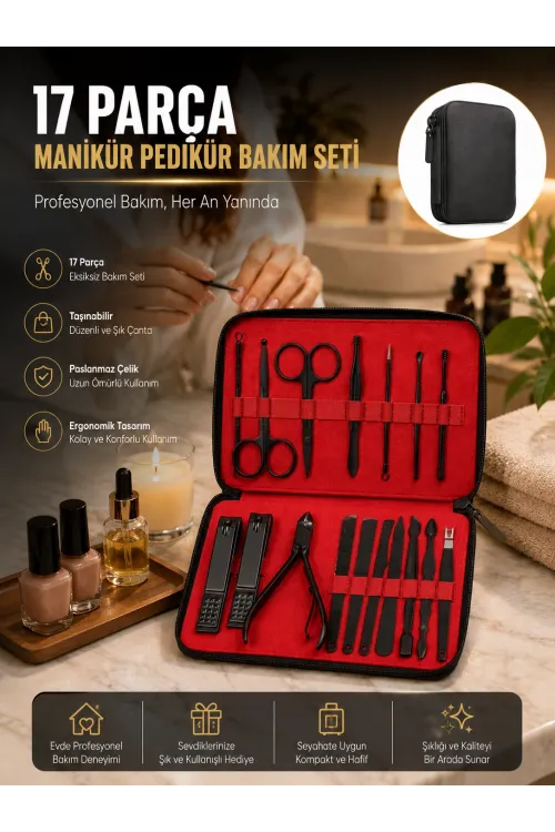 Paslanmaz Çelik 17 Parça Manikür Pedikür Seti Ve Taşınabilir Şık Çanta