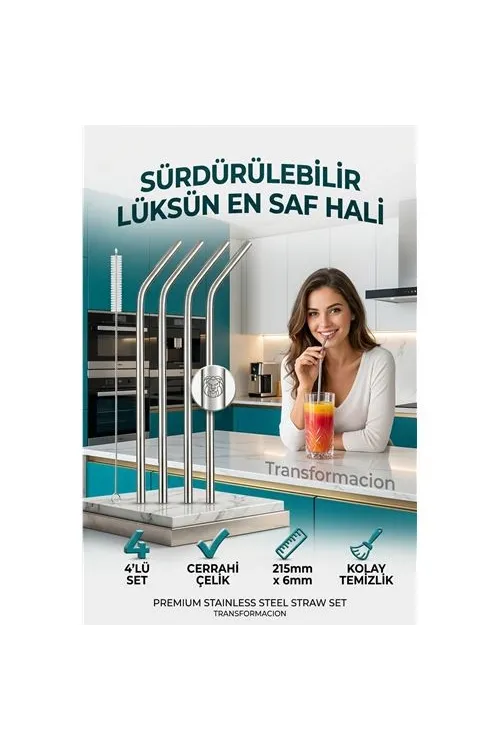 Paslanmaz Çelik Metal Pipet Seti 4lü - Yıkanabilir Fırçalı Çevre Dostu Pipet 723136