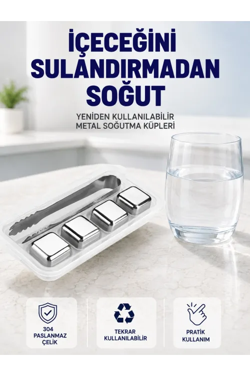 Paslanmaz Çelikten Üretilmiş Metal Buz Küpü Seti Ve Buz Klipsi