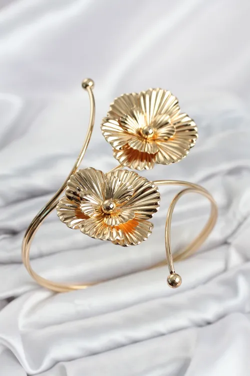 Pazu Bileklik Gold Renk Pirinç Çiçek Model