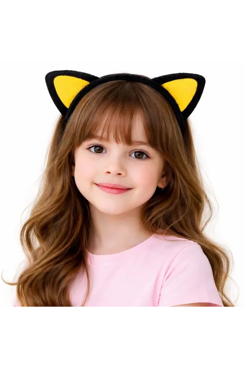 Peluş Kedi Kulak Taç Sarı Siyah – Çocuk Parti  Kostüm Tacı