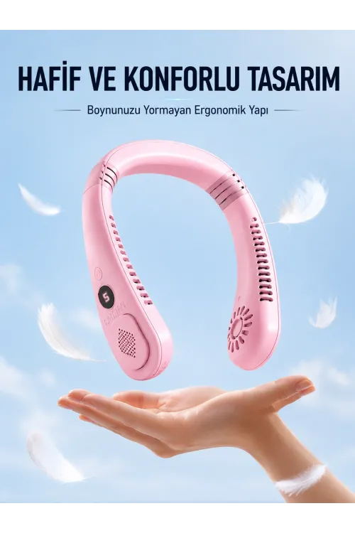Pembe Boyun Tipi Fan Usb Şarjlı Hafif Tasarım Güçlü Hava Üflemeli Serinletici