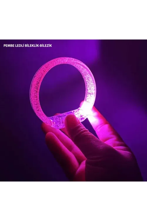 Pembe Led Işıklı Baskı Yapılabilen Pilli Bileklik Bilezik 1,5 cm Genişlik