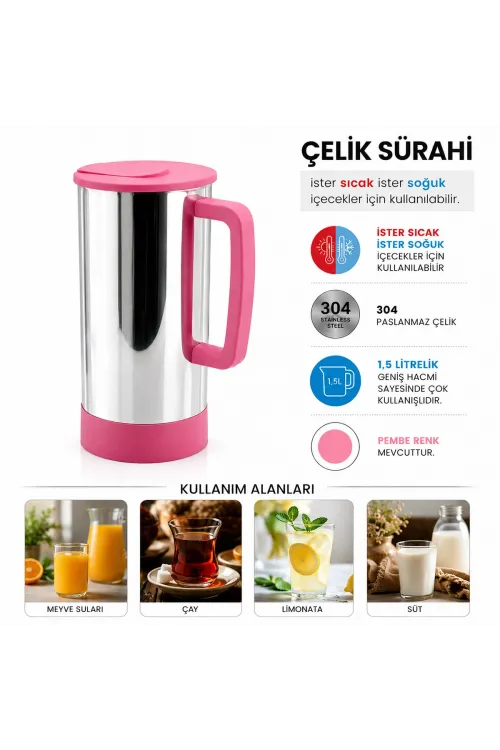 Pembe - Paslanmaz Çelik Sıcak - Soğuk Çelik Sürahi