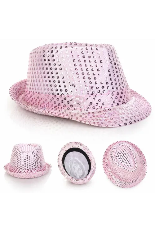 Pembe Payetli Disco Parti Şapkası Yetişkin Işıltılı Fötr Model