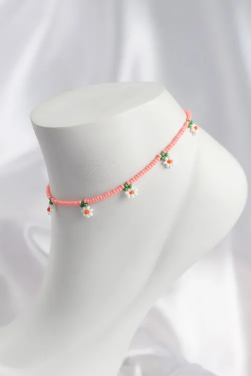 Pembe Renk Boncuklu Papatya Motifli Halhal
