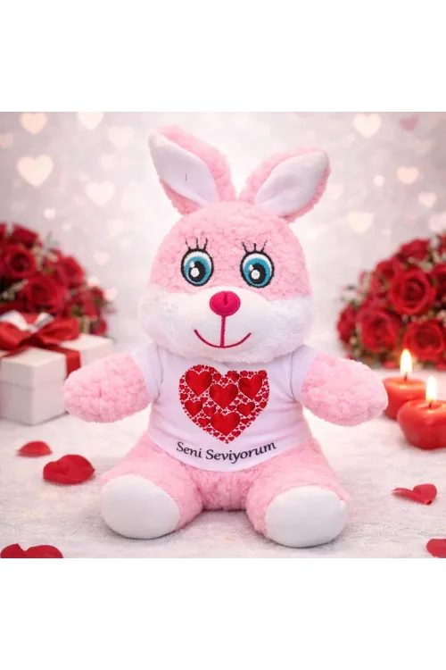 Pembe Renk Seni Seviyorum Tişörtlü Peluş Tavşan