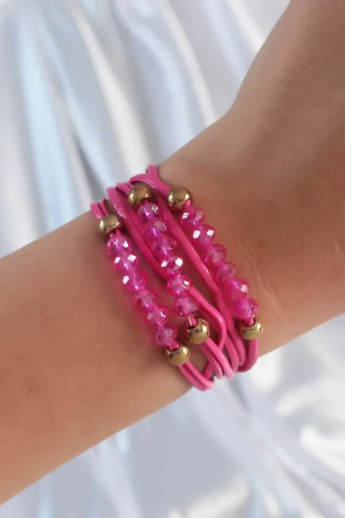 ietaks™ Pembe Renk Zirkon Taşlı İpli Çoklu Bileklik