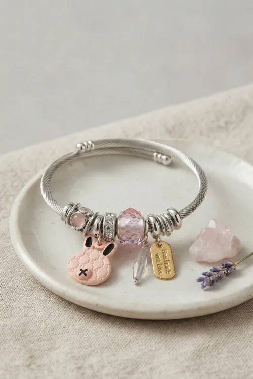 Pembe Şans Tavşanı Charmlı Bileklik