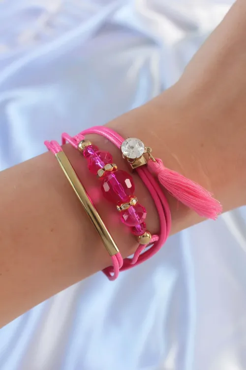 ietaks™ Pembe Zirkon Taşlı İpli Püskül Detay Çoklu Bileklik