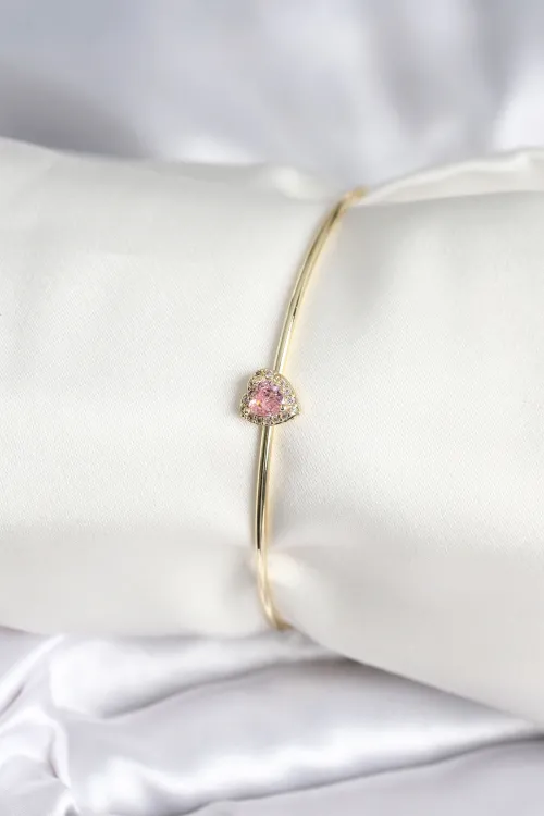 ietaks™ Pembe Zirkon Taşlı Kalp Model Gold Renk Kadın Bileklik
