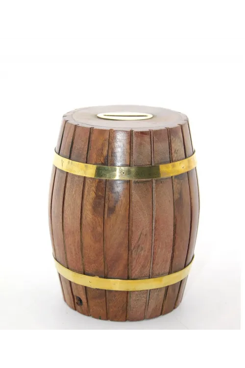 Pirinç Ahşap Fıçı Kumbara 12.5 Cm