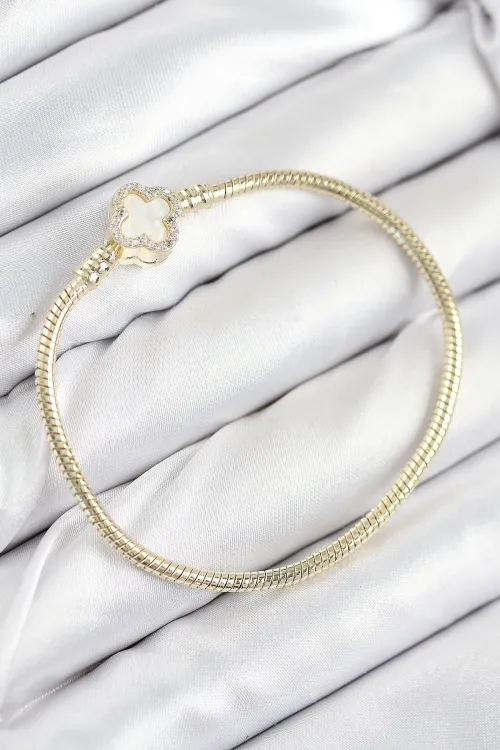 ietaks™ Pirinç Charm Zirkon Taşlı Yonca Model Gold Renk Kadın Bileklik