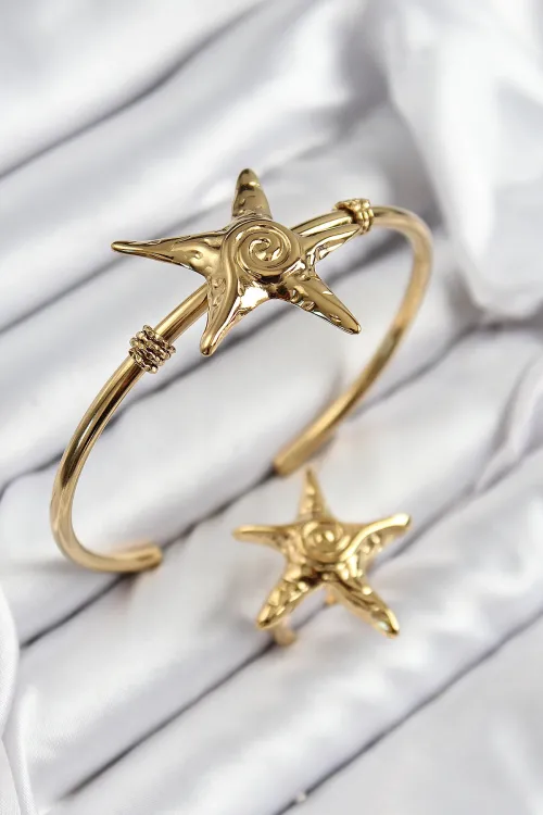 ietaks™ Pirinç Deniz Yıldızı Model Gold Renk Bileklik Yüzük Set