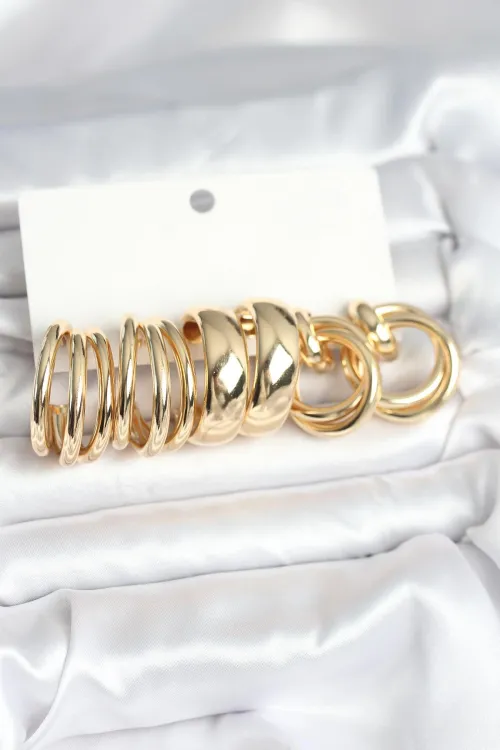 Pirinç Gold Renk 3 Çift Vintage Kadın Küpe Seti