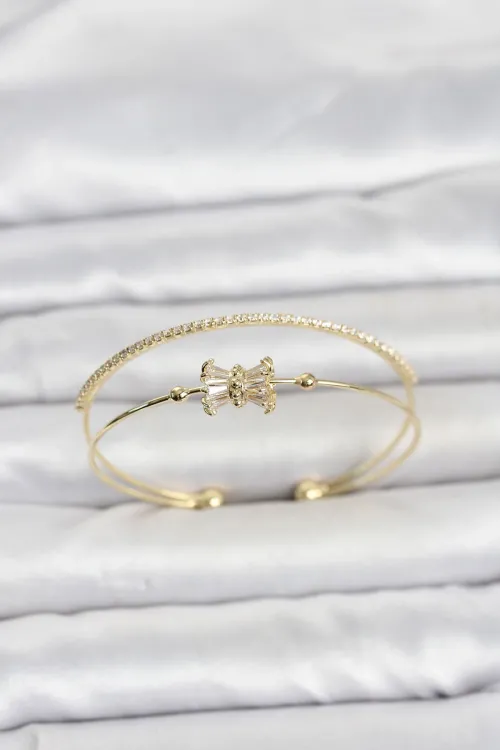 Pirinç Gold Renk Baget Zirkon Taşlı Objeli Kadın Bileklik