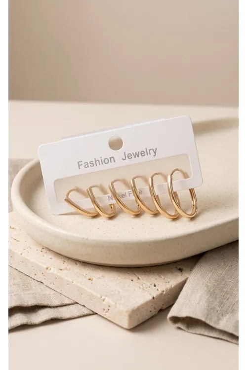 Pirinç Gold Renk İnce Oval Küpe Seti