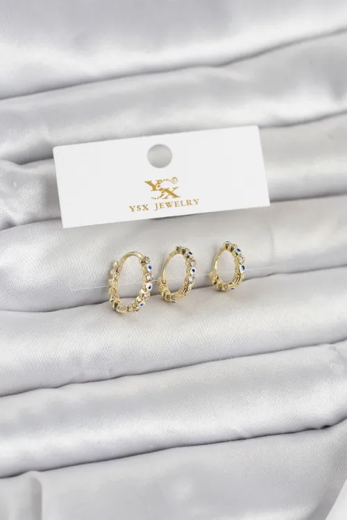 Pirinç Gold Renk Nazarlı Model 3lü Kadın Küpe