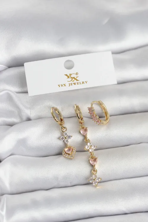 Pirinç Gold Renk Pembe Zirkon Taşlı 3lü Kadın Küpe