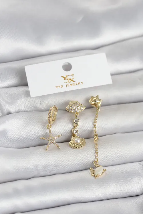 Pirinç Gold Renk Zirkon Taşlı Deniz Temalı 3lü Kadın Küpe