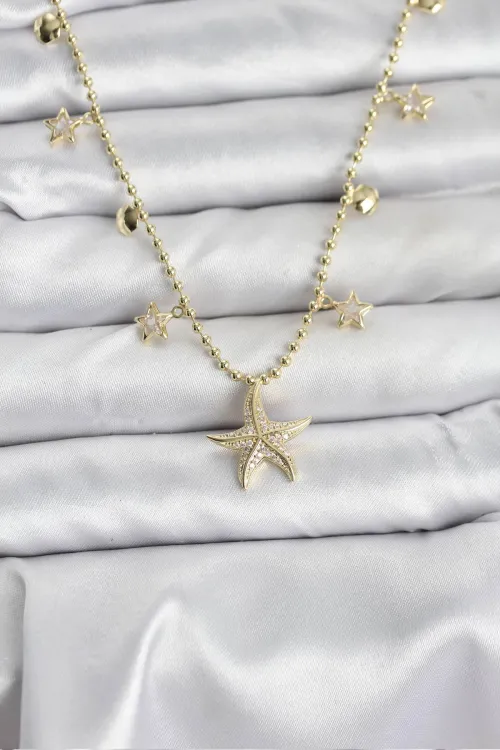 Pirinç Gold Renk Zirkon Taşlı Deniz Yıldızı Model Kadın Kolye