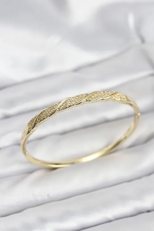 ietaks™ Pirinç Gold Renk Zirkon Taşlı Model Kadın Kelepçe Bileklik