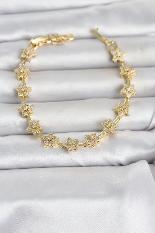 Pirinç Gold Renk Zirkon Taşlı Sıralı Yıldız Model Kadın Bileklik