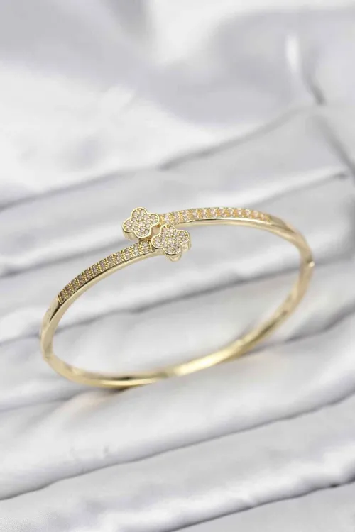 ietaks™ Pirinç Gold Renk Zirkon Taşlı Yonca Model Kadın Kelepçe Bileklik