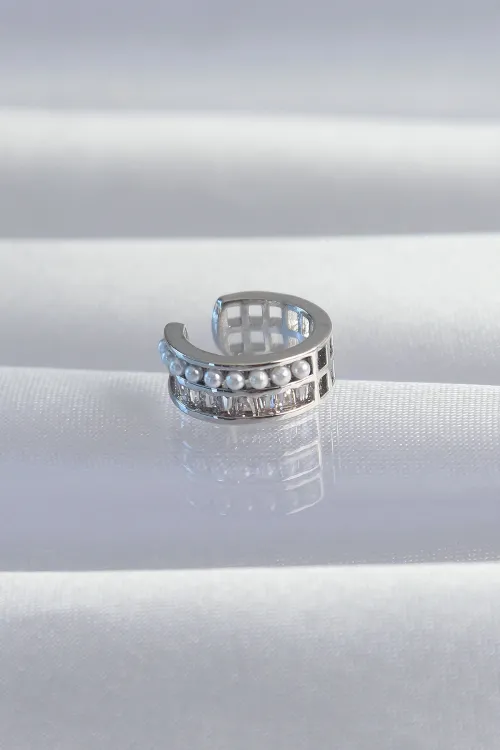 Pirinç Gümüş Renk İncili Baget Taşlı Earcuff Küpe