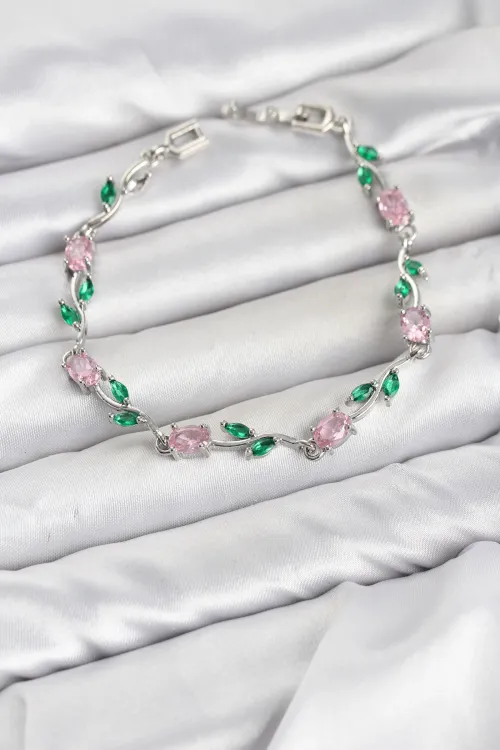 Pirinç Gümüş Renk Pembe Zirkon Taşlı Çiçek Model Kadın Bileklik