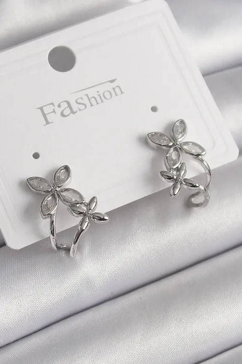 Pirinç Gümüş Renk Zirkon Taşlı 2Li Çiçek Model Kadın Küpe