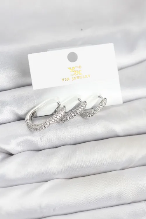 Pirinç Gümüş Renk Zirkon Taşlı Halka Model YSX Trio Küpe Seti