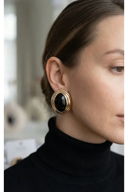 Pirinç Siyah Badem Model Vintage Gold Kadın Küpe