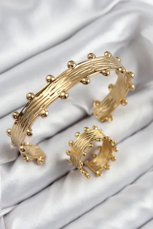 ietaks™ Pirinç Topcuk Model Gold Renk Bileklik Yüzük Set
