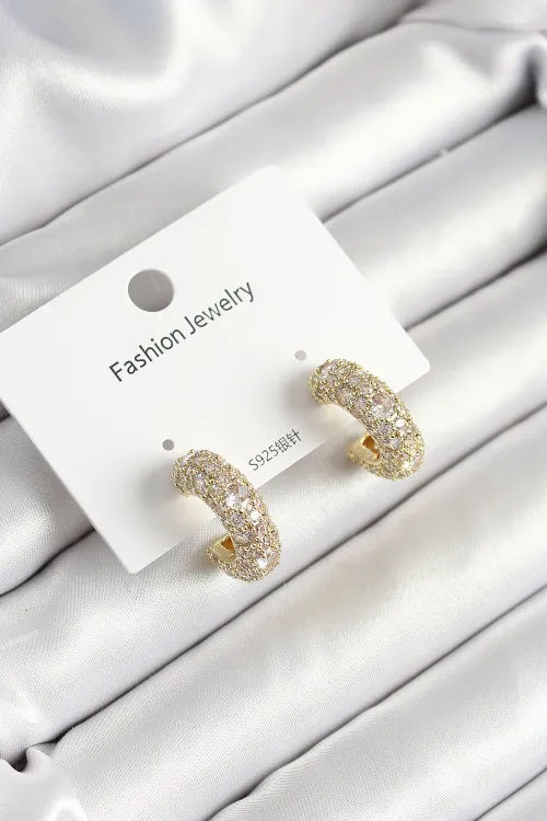 Pirinç Zirkon Taşlı Halka Model Gold Renk Kadın Küpe