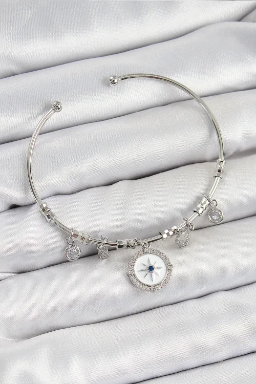 Pirinç Zirkon Taşlı Pusula Model Gümüş Renk Charm Bileklik