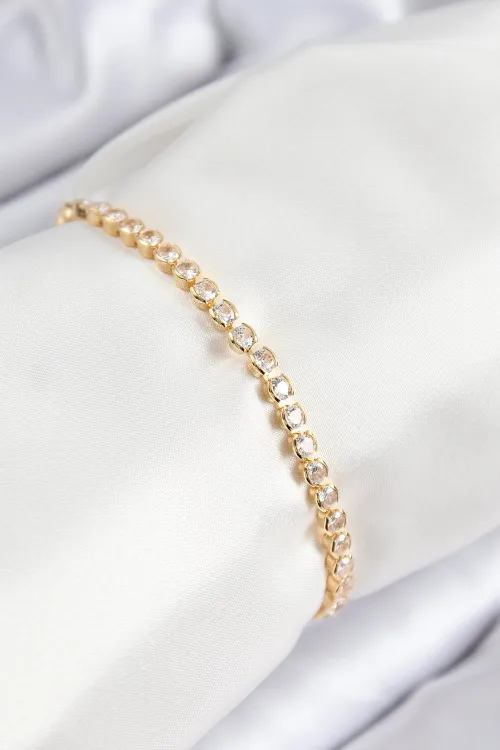 ietaks™ Pirinç Zirkon Taşlı Sıralı Model Gold Renk Asansörlü Kadın Bileklik