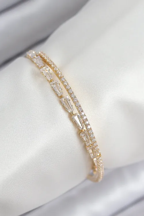 Pirinç Zirkon Taşlı Su Yolu Model Gold Renk Kadın Bileklik