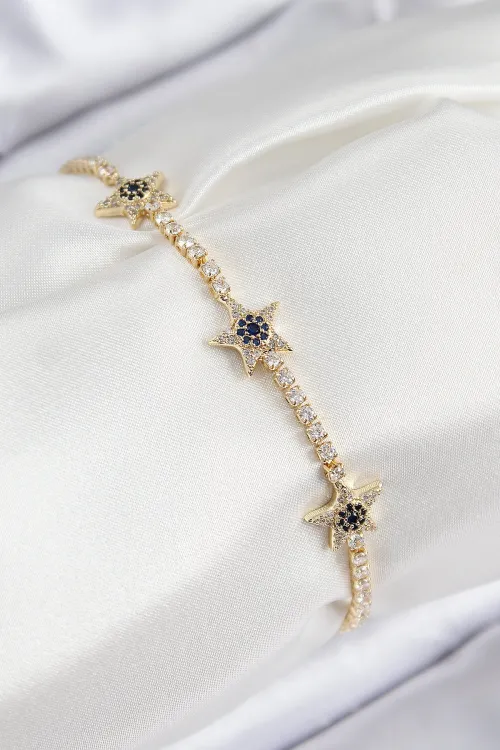 Pirinç Zirkon Taşlı Yıldız Model Gold Renk Kadın Bileklik
